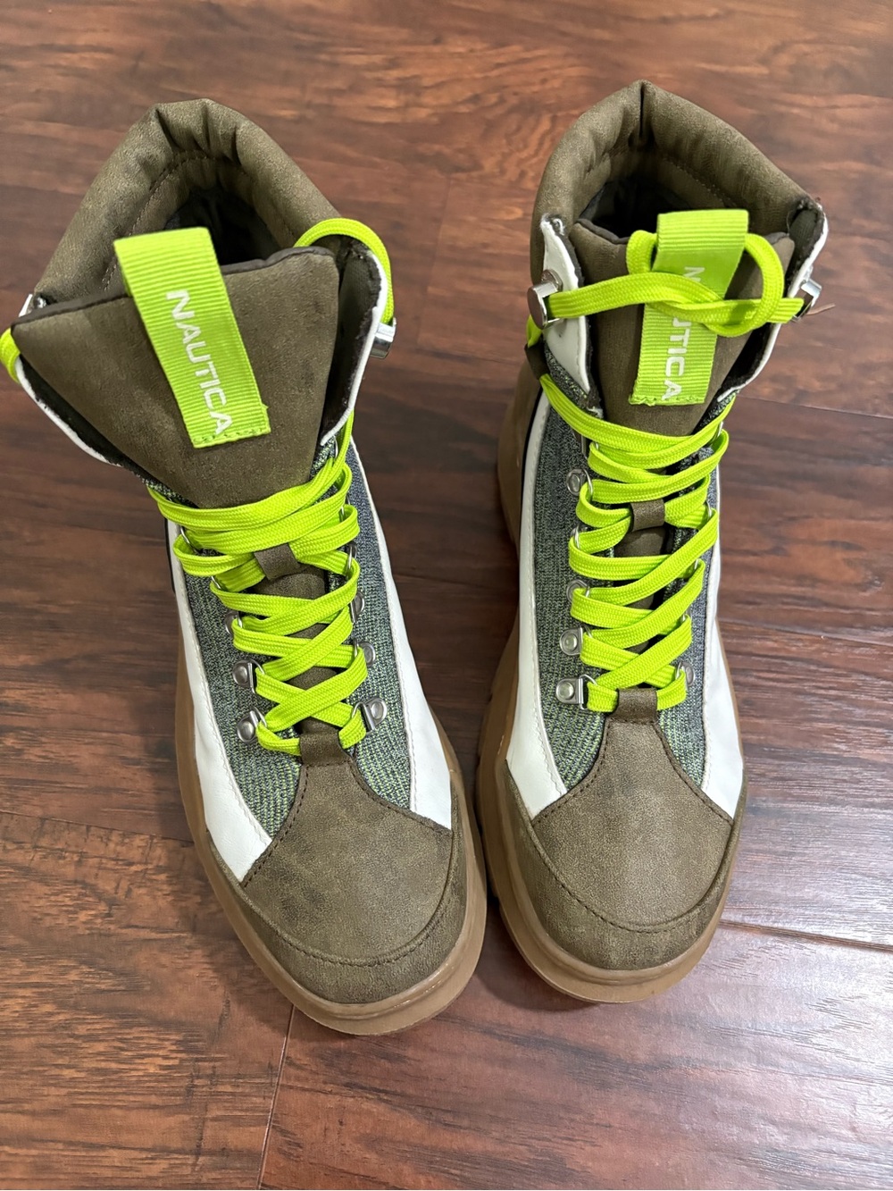 Nautica Bahati Olive and Neon Yellow Lave up High-Top Sneakers Boots Size 7.5